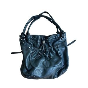 B Makowsky Leather Handbag Black‎ Studded Fringe Satchel Purse Western